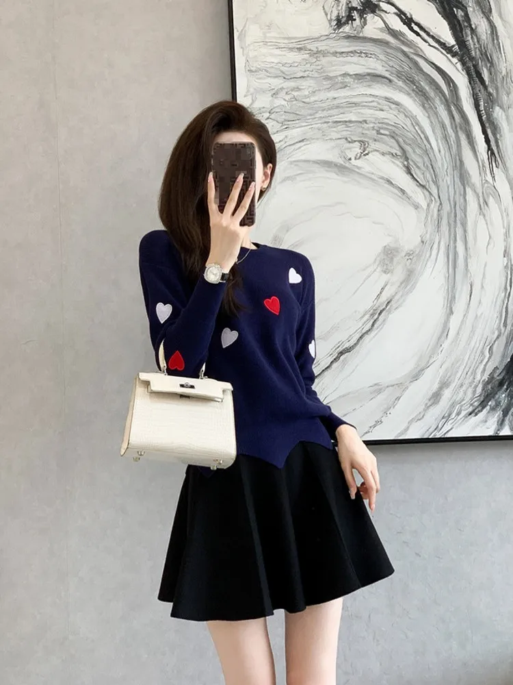 Fashion Women Spring Knitted Two Piece Set Hearts Sweater Tops Mini Skirt Matching Sets Sweet Ladies Knitwear Matching Outfits