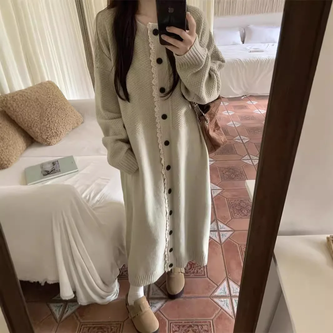 

Women Knitted Sweater Cardigan Ankle Lenth Coats Casual Lace Trim Y2k Full Sleeves Loose Fit Office Lady Elegant 2025 Autumn