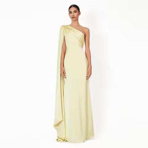 Customized Light Yellow Evening Dress One Shoulder Draped Mermaid Evening Gowns for Women Sleeveless Elegant Wedding Party Gown