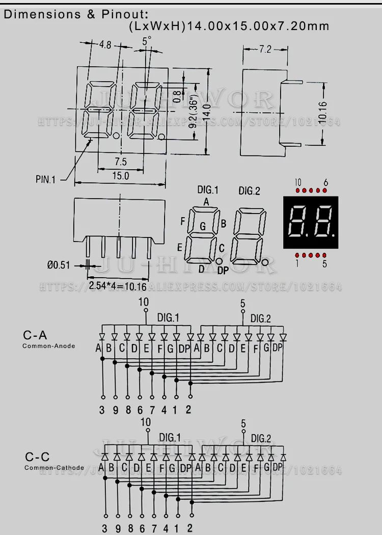 10pcs 0.36 Inch 10Pins 3261AGG 3261BGG 2 Digits Bits 7 Segment Jade Green LED Digital Display Digitron Common Anode Cathode