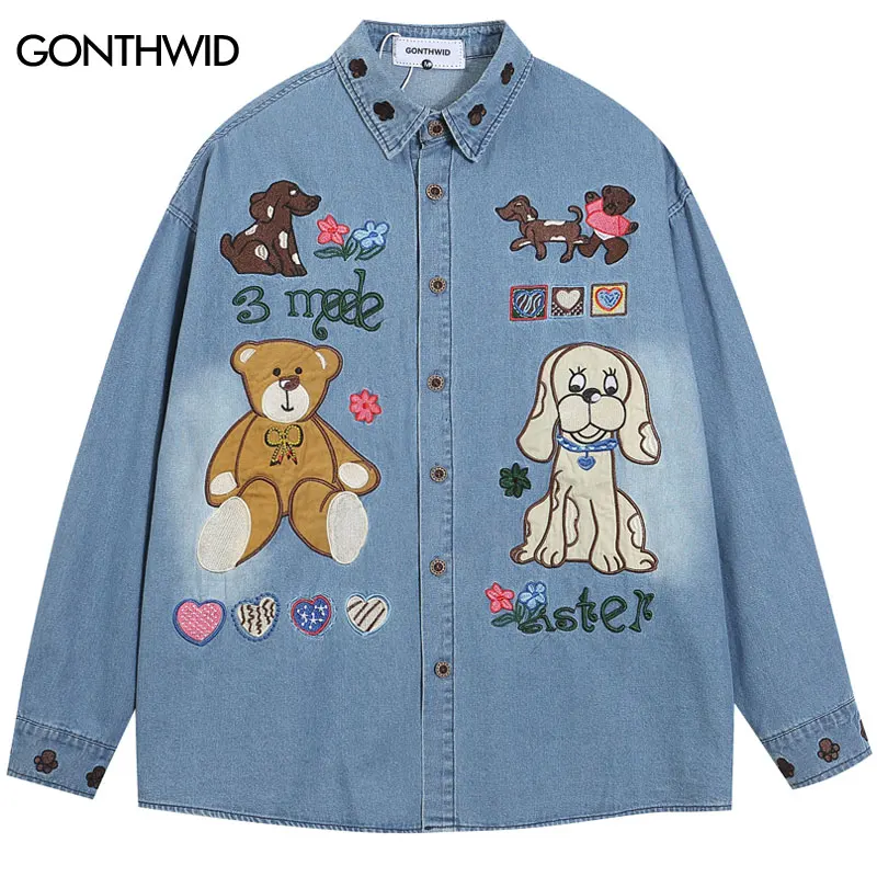 Vintage Denim Shirt Streetwear Funny Embroidered Cartoon Bear Dog Long Sleeve Shirts Men Hip Hop Casual Loose Cotton Jeans Shirt