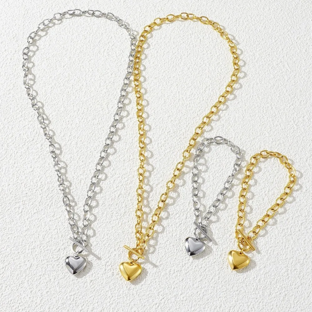 Classic Trendy Gold Color Stainless Steel OT Buckle Heart Pendant Necklace for Women Charm Collar Jewelry Bracelet Set Colorfast