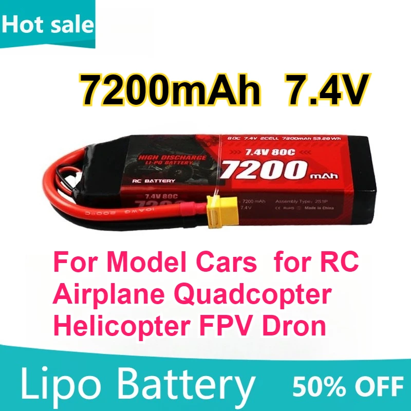 

【High-Capacity】7200mah 80C 7.4V LiPo Battery for Model Cars/Toy Airplane Model for RC Airplane Quadcopter Helicopter FPV Dron