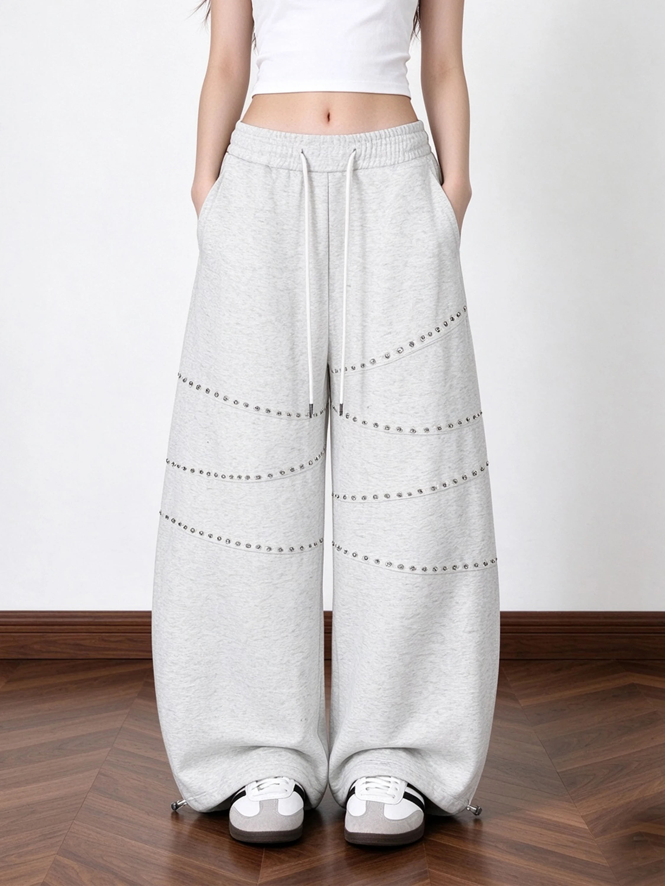 Casual Loose Wide Leg Pants Women's Drawstring Lazy Style Couple Straight Leg Jeans American Decomposition Rivet Floor-Length