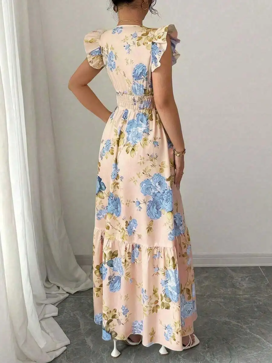 Women Blue White Striped A-Line Dress, V-Neck Leaf Edge Fitted Spring Summer Dress For Daily Commute Date Wedding Dinner Graduat