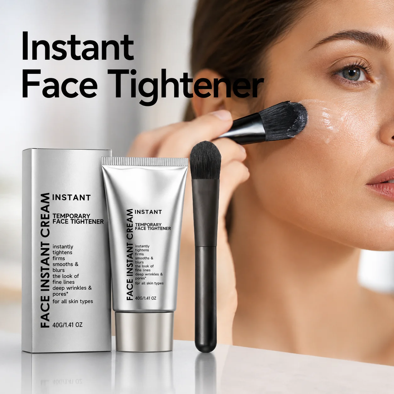 Instant Face Tightener Cream With Brush , Fine Lines Care Firming Smooth Facial Skin Correcting Tone Reduce Dullness Face Primer
