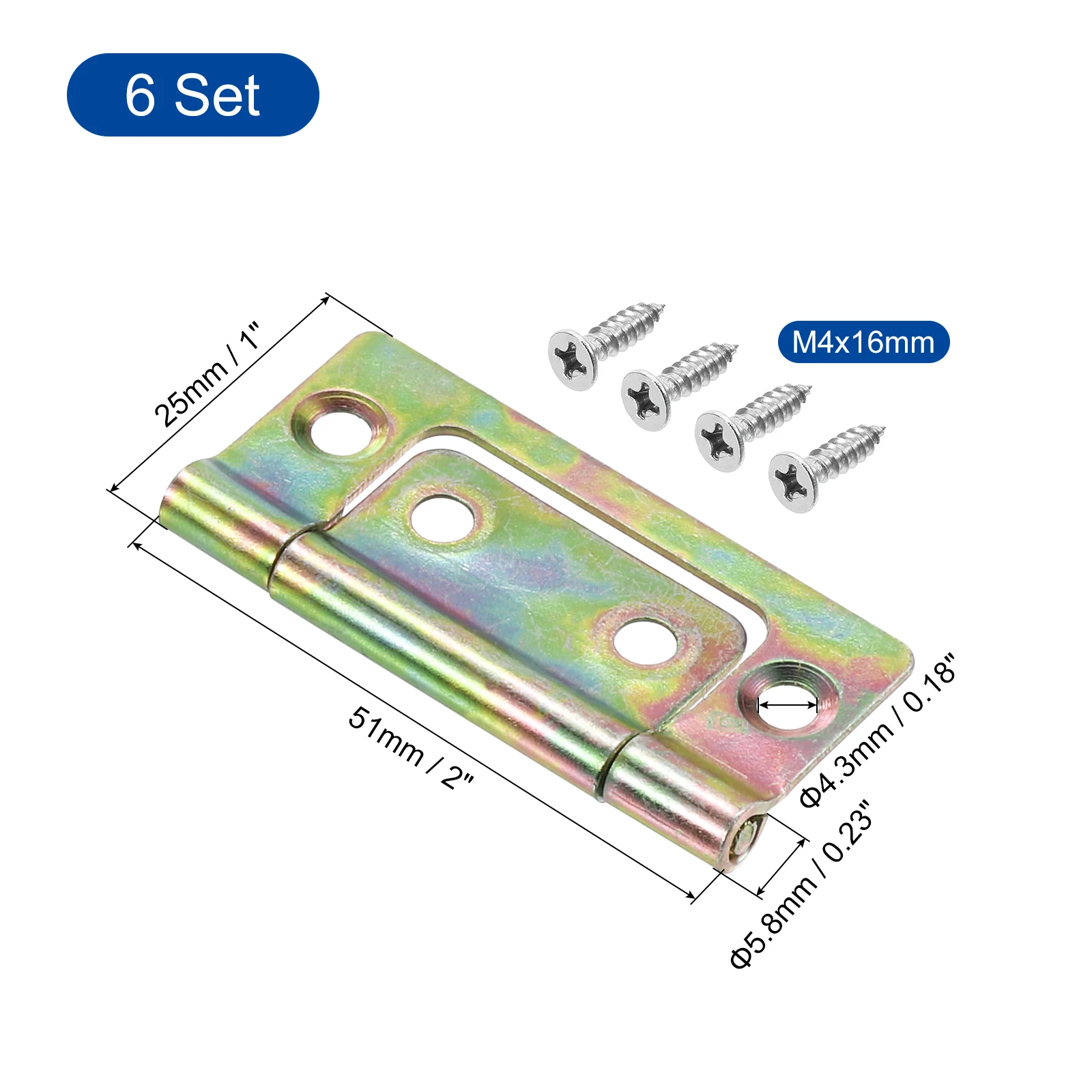 6Pcs 2x1 Inch Door Hinges Non-Mortise No Noise Plating Screws Brushed Furniture Inset Hinges for Kitchen Cabinet with 4 Screws