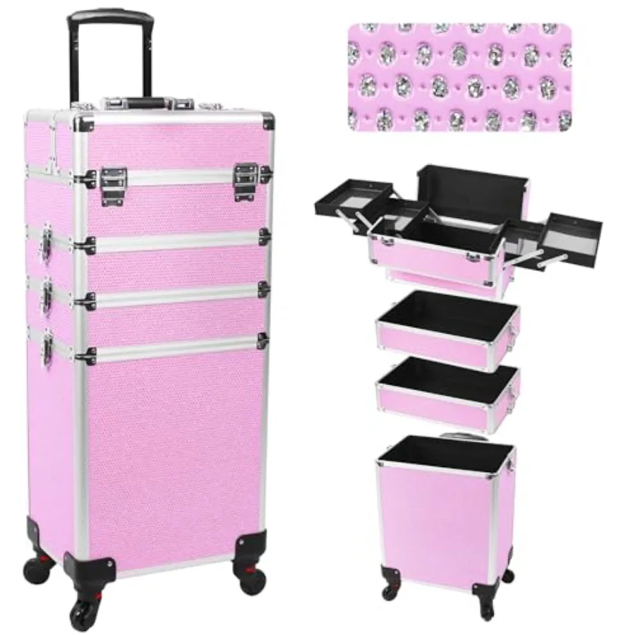 

Professional rolling makeup case with wheels for hairstylists and nail techs, ABS plastic, crystal clear, 5-in-1 expandable des