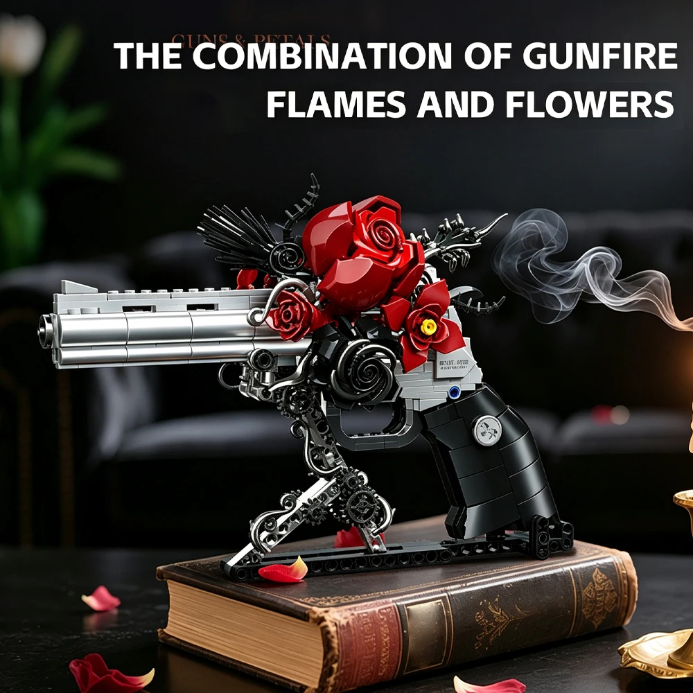 Fantasy Rose Revolver Model Building Blocks Bricks Creative Assembled Pistol Kit Toy Desk Exquisite Ornament Collectible Gift