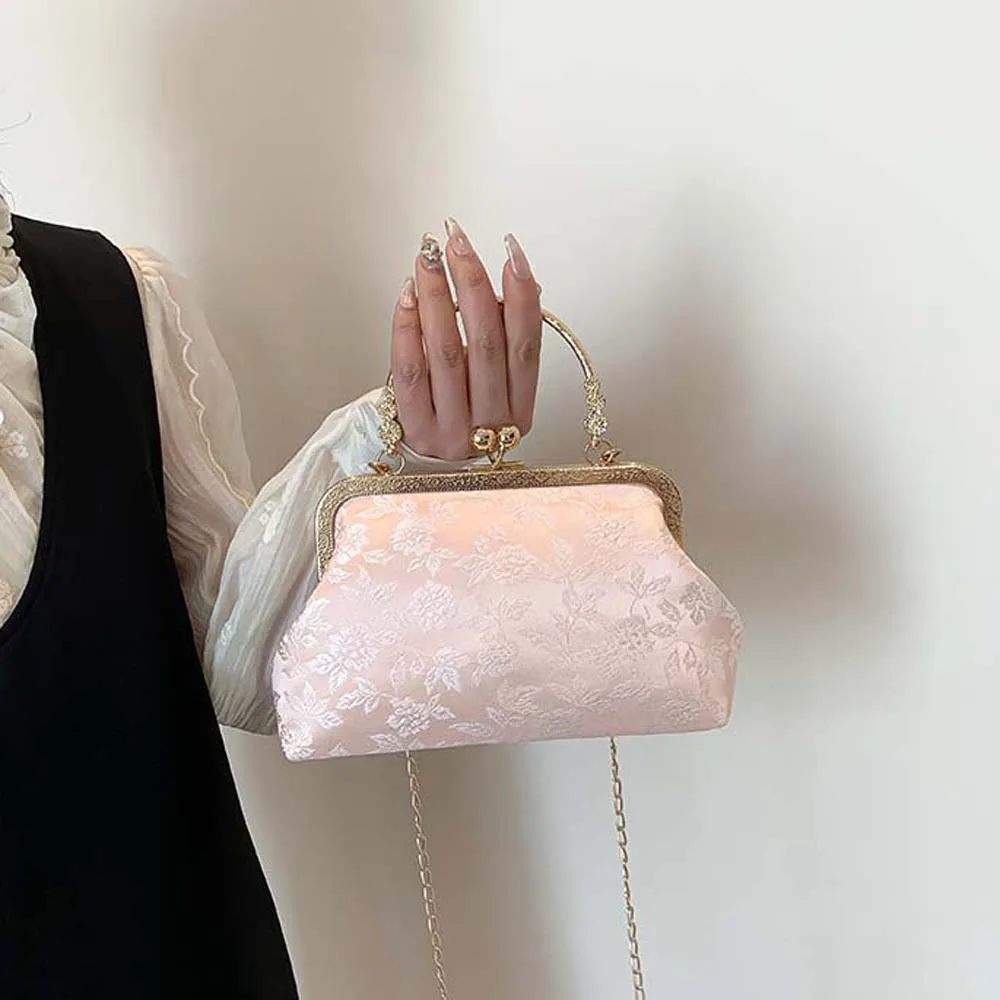 

Clasp Frame Embroidery Chinese Style Handbag Purse Luxury Print Chain Shoulder Pouch Polyester Nylon Ladies Clutch Bag Ceremony