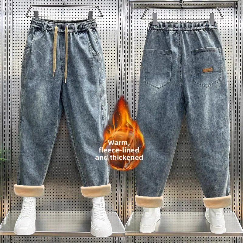 

Thiened Fce Lined Loose Casual Harlan Jeans Men's Autumn Winter Cuffl Corduroy Trousers Warm Wear Resistant Flat Waist