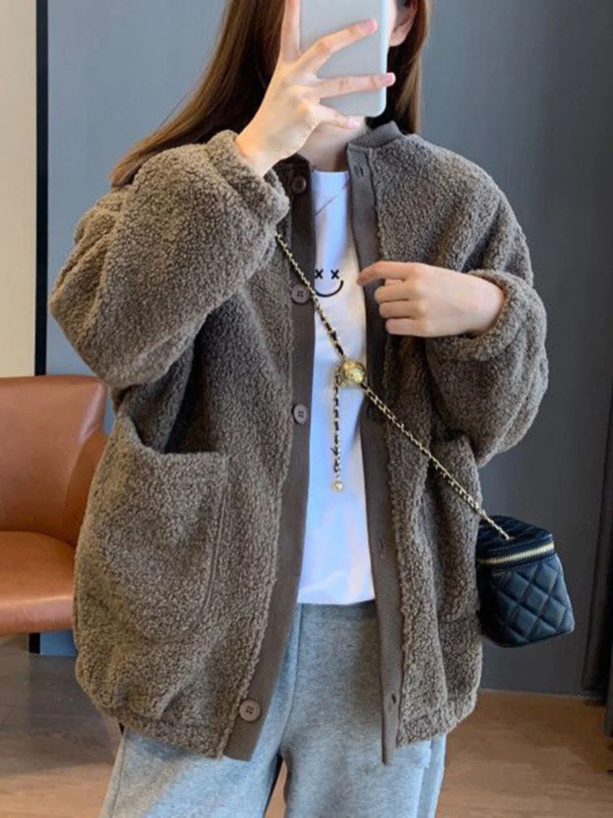 Thiened Lamb Fur Warmth Sweatirt Baseball Jaet Women's Loose Open Cardigan Top Long Sve Korean Sle Commute