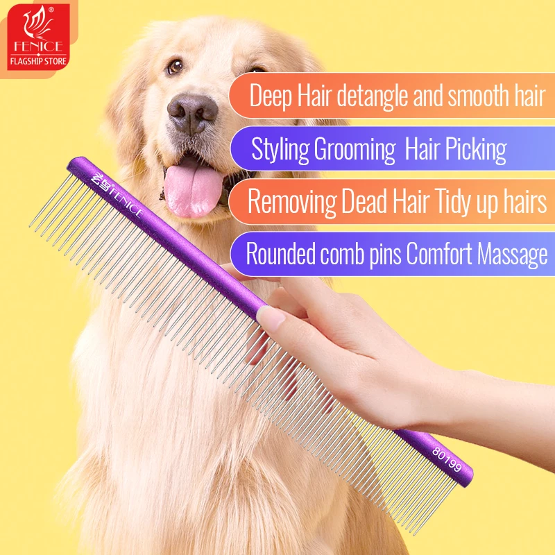 Fenice Pet Dog Cat Comb Cleaning Pet Hair Remover For Dogs Cats Grooming Tools Aluminum Pets Dematting Comb Dogs Accessories