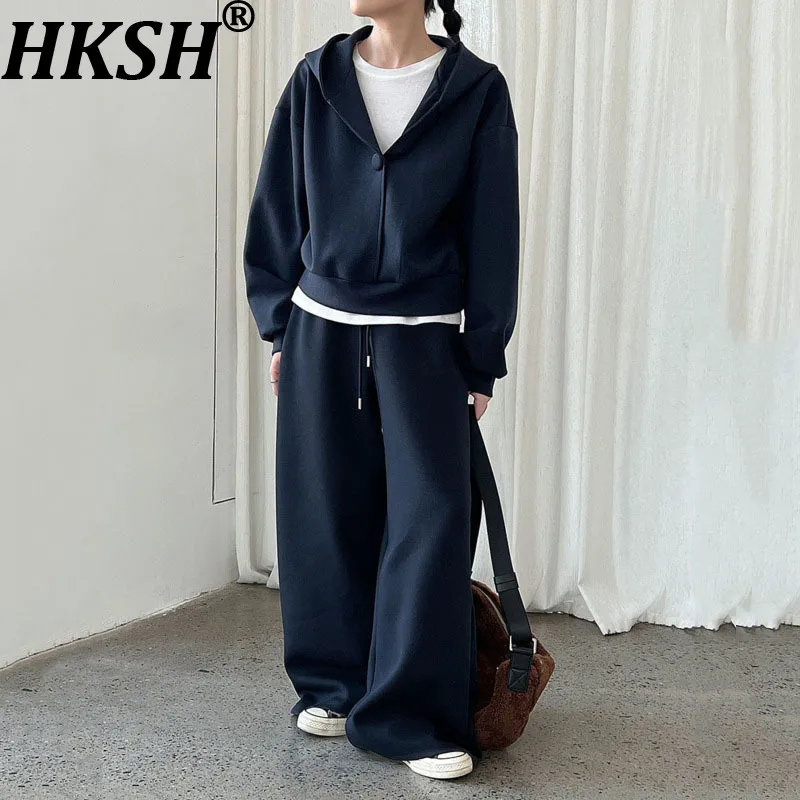 

HKSH Spring Autumn New Women's Two Pieces Set Hoodie Sweatshirt Elastic Waisted Solid Color Wide Leg Pants Sporty Casual HK13594