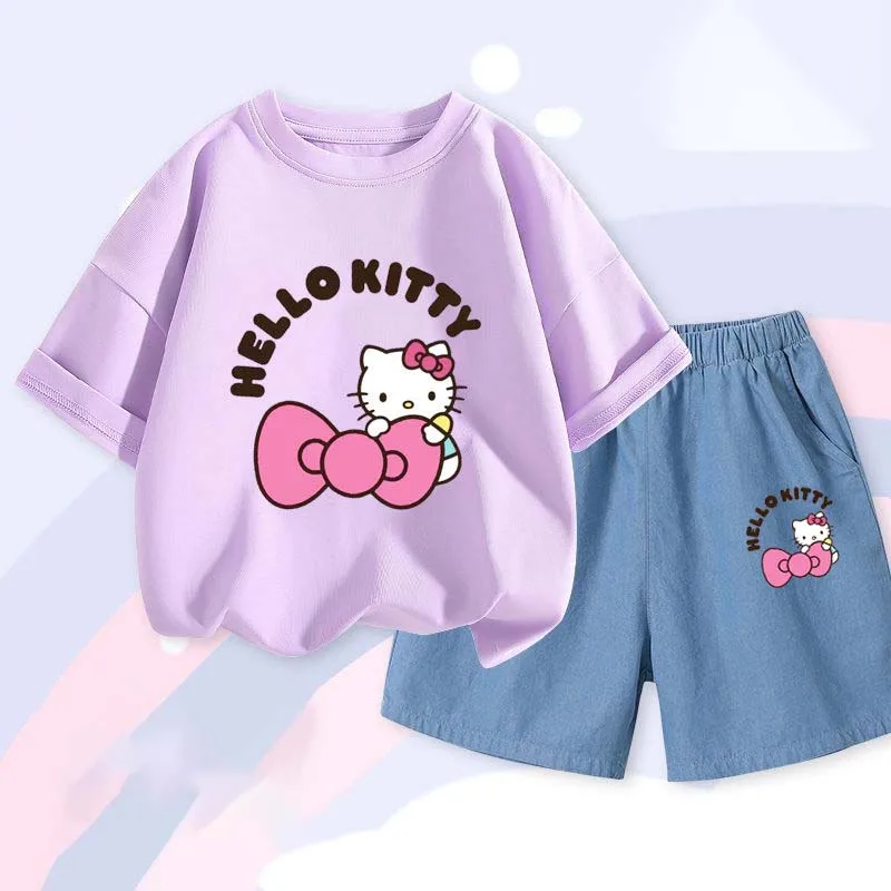 Conjunto Kawaii Sportswear infantil, roupa de menina, Kawaii Hellokittys infantil, Kuromi, Tencel, Comfort Boys Loungewear, verão