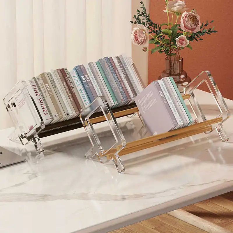 

Acrylic Desktop Bookshelf - Book Organizer Bamboo Book Shelf Small Book Rack for Cookbooks/Cds/Recipe Books for Home/Office