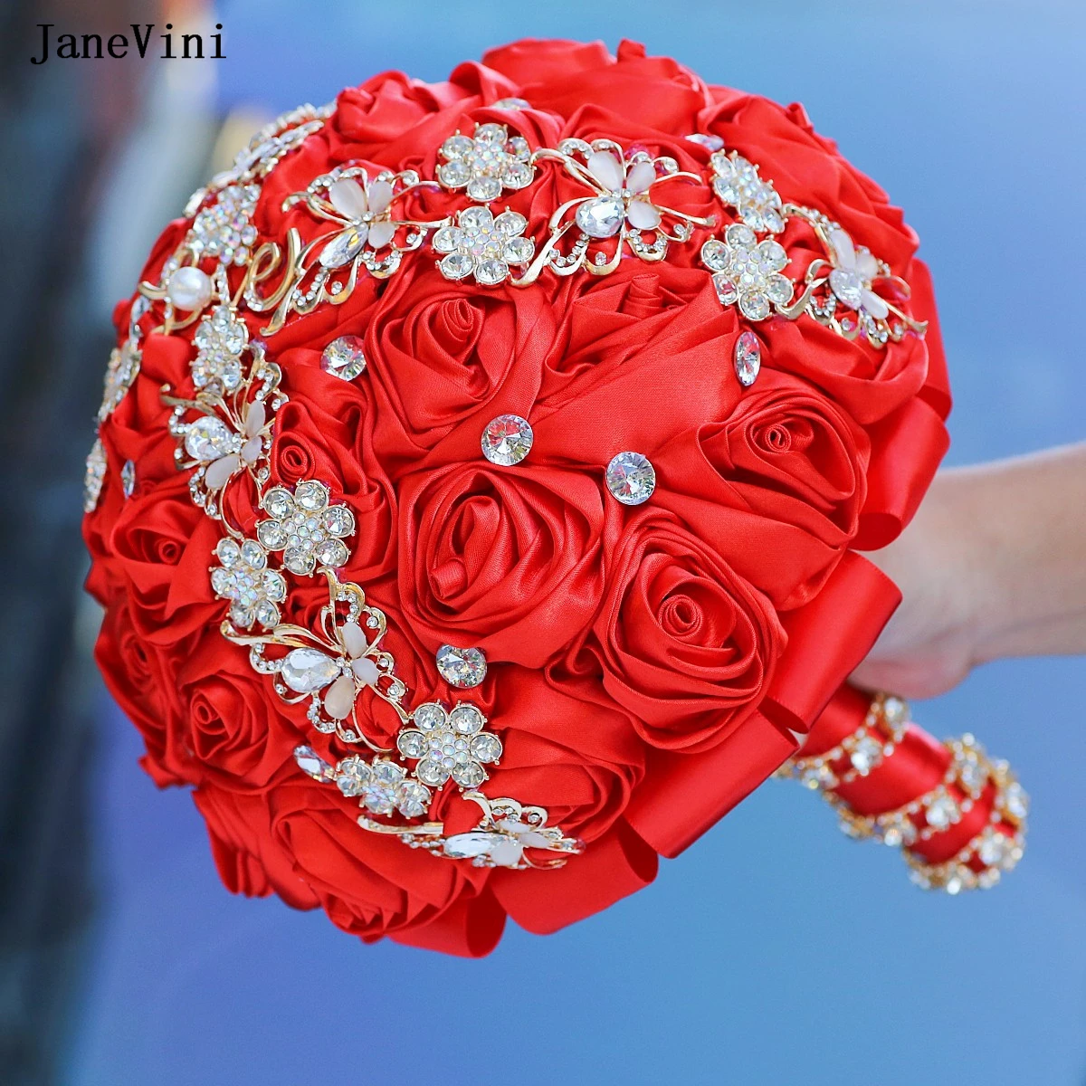 JaneVini New Red Flowers Crystal Bridal Bouquets Artificial Satin Roses Butterfly Brooch Bridesmaid Bouquet Wedding Accessories