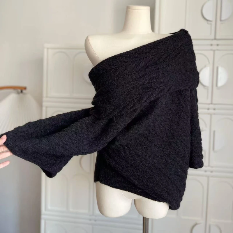 

Autumn Black Retro Knit Pullovers Woman Irregular Long Sleeve Design Harajuku Warm Sweater Feamale Chic Korean Popular Clothes