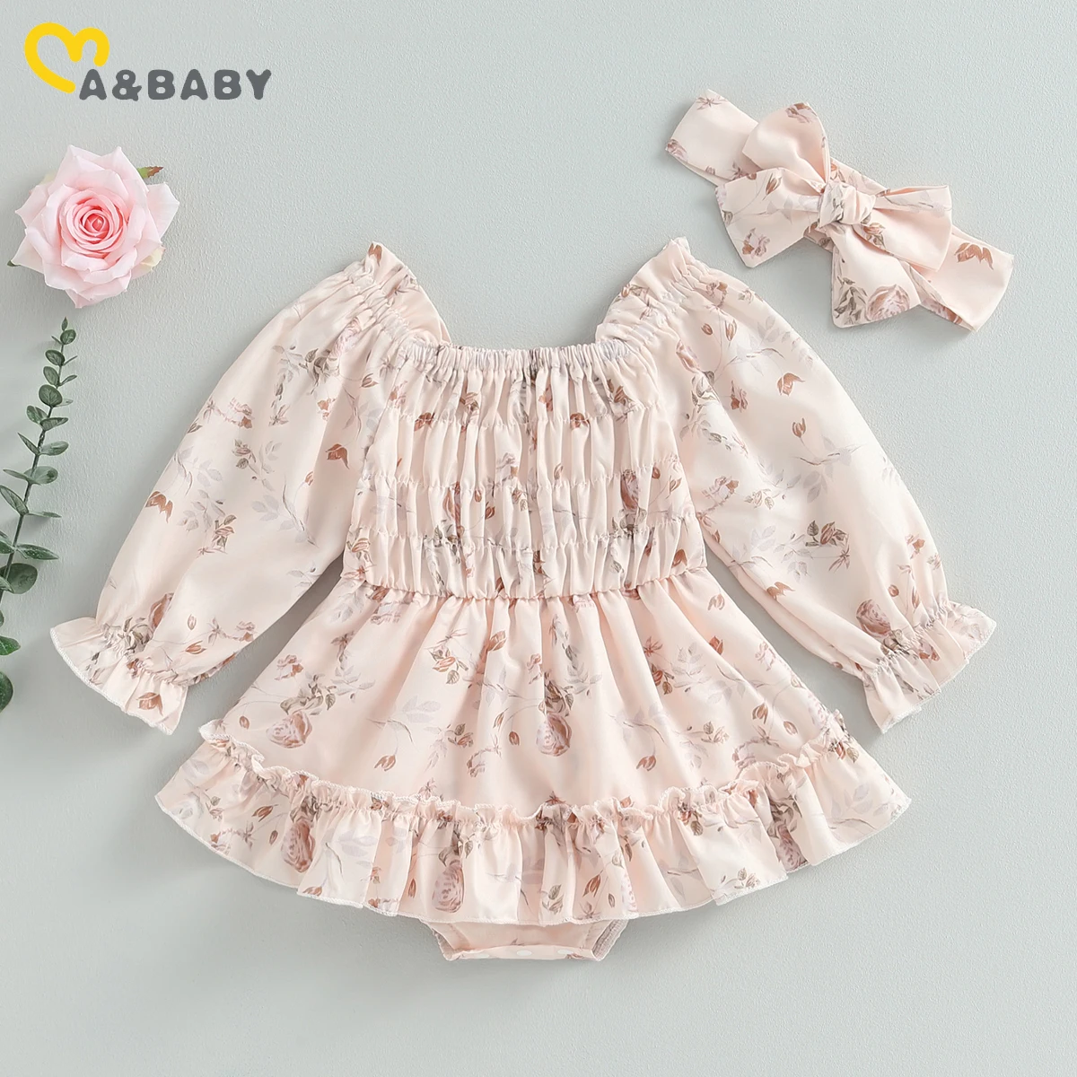 

ma&baby 0-18M Baby Girl Romper Newborn Infant Toddler Jumpsuit Floral Print Ruffle Playsuit Sunsuit Headband Spring Fall Outfits