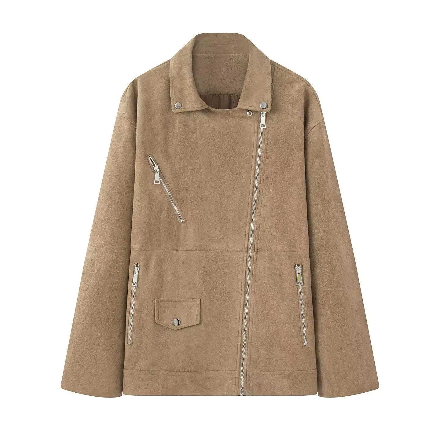 

2025 Autumn Women's Retro-Style Fleece-Textured Moto Jacket Lapel Collar Long Sleeves Zip Warm Outerwear Casual Street Outfits