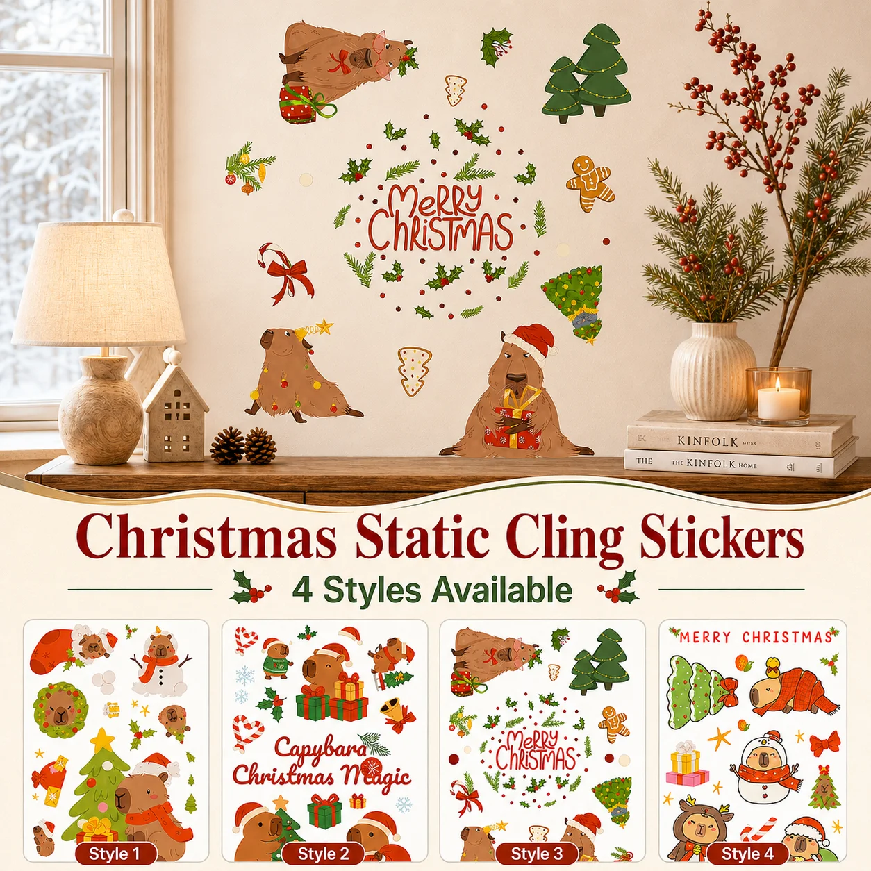 Christmas Static Cling Window Decals, Capybara Cartoon Holiday Stickers, Reusable No‑Residue Glass Decorations