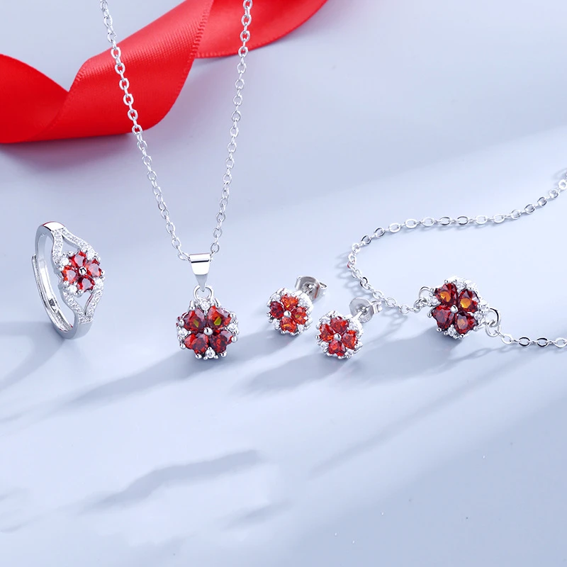 Sterling Silver Color Garnet Four Leaf Clovers Charm Bracelet Necklace Earrings for Women Hand Chain Set Orignal Fashion Jewelry