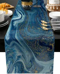 Marble Agate Linen Table Runner Holiday Dresser Scarves Table Decor Modern Blue Gold Art Table Runner Living Room Dinner Decor