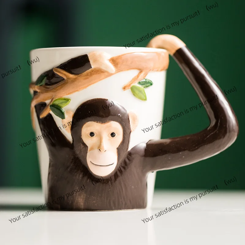 Funny Gibbon Underglaze Colored Mug,3D Monkey Visual Design Creative Ceramic Coffee Milk Cup,Handle Design Anti Scald Practical