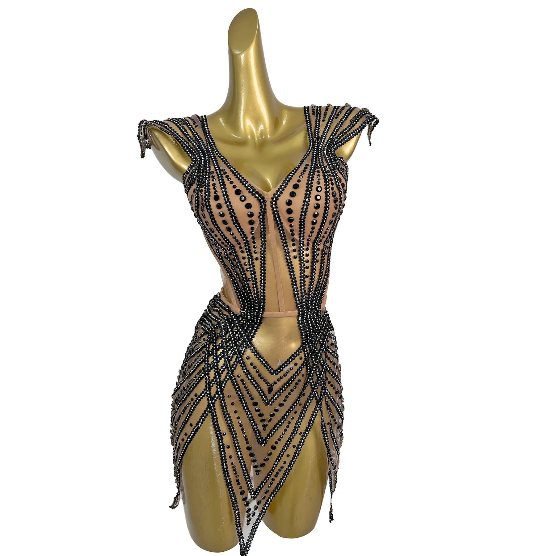 Jianrui مثير الكرة منظور شبكة العباءات ضيق مشد اللباس الأسود حجر الراين غير النظامية تنورة قصيرة شريط الأداء اللباس #3