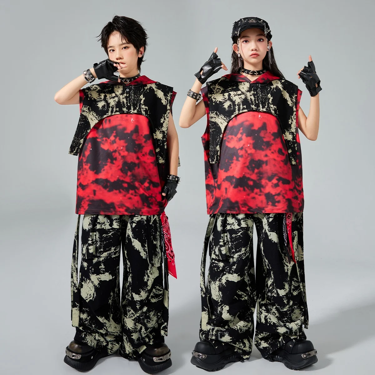 Hip Hop Danskostuums Kinderen Show Jazz Outfit Rode Hoodie Camouflage Broek Kid Mode Kleding Street Dance Wear AMY2421