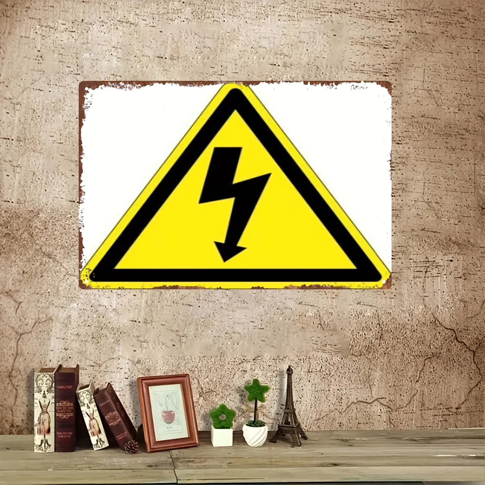 2D Metal Sign, Electric Shock Triangle Warning Sign, 8x12 Inch Black Yellow High Visibility for Safety Alert Retro Style