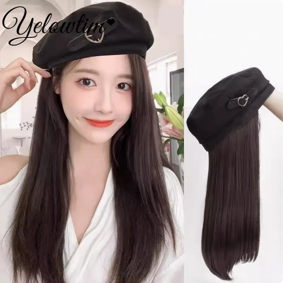 Berets Hat With Hair Wigs Synthetic Long Straight Fake Hair Hat Wig Autumn Winter Warm Cap Wig Black Cap With 50cm Long Hair Wig