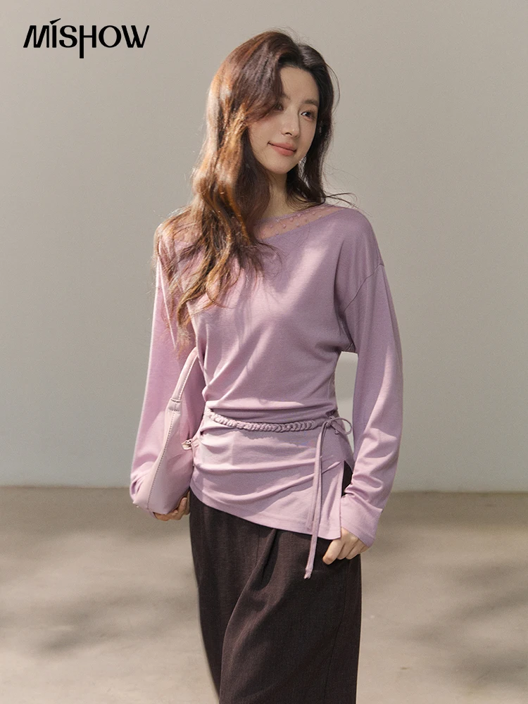 MISHOW Women's Mesh Wool Lace Polka Dot Splicing Tops 2026 Spring Boat Neck Slim Belt Twist Casual Solid T-Shirts MXF13Z3001