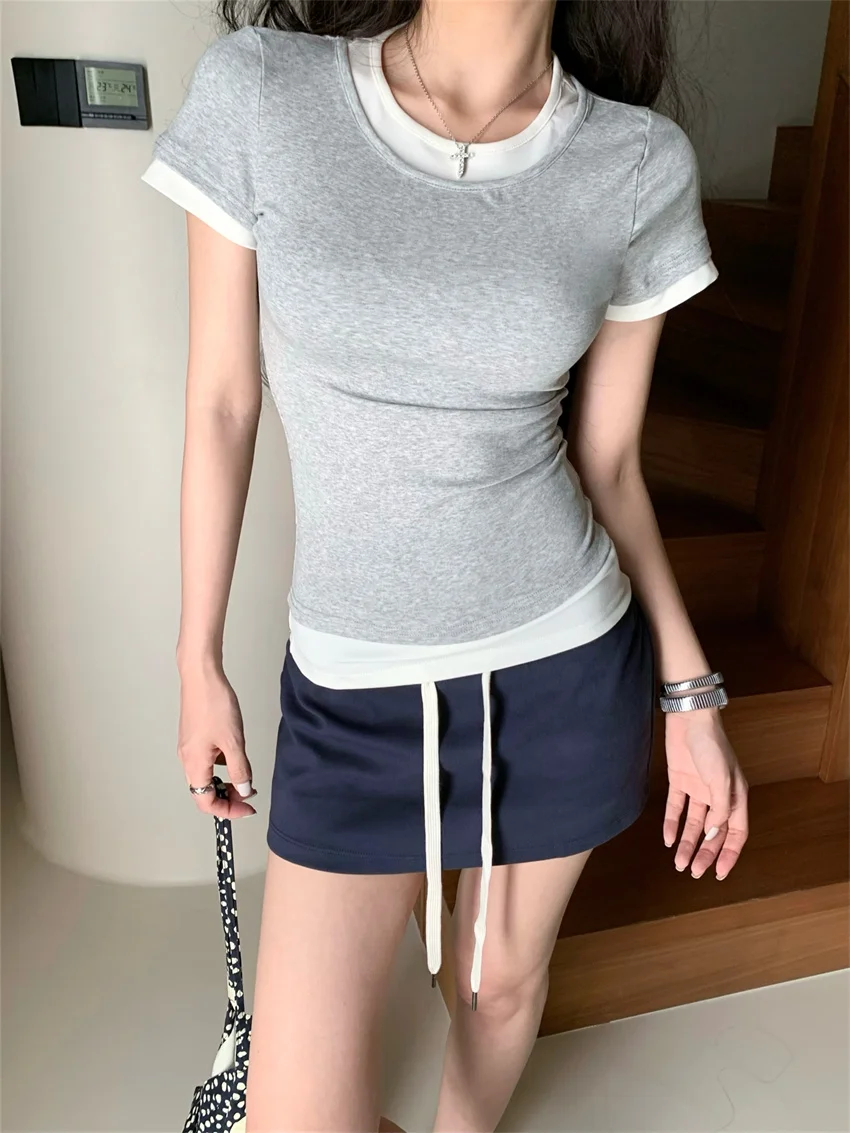 PLAMTEE Slim-Fit Tees OL Women Short Sleeve A-Line Sports Skirts New Chic 2024 Casual Summer All Match High Street Daily