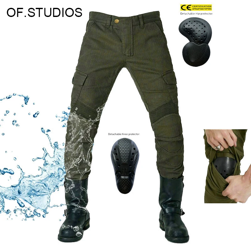 

OF.STUDIOS Army Green Waterproof Biker Jeans Motorcycle Riding Pants Pocket Work Racing Trousers for Men