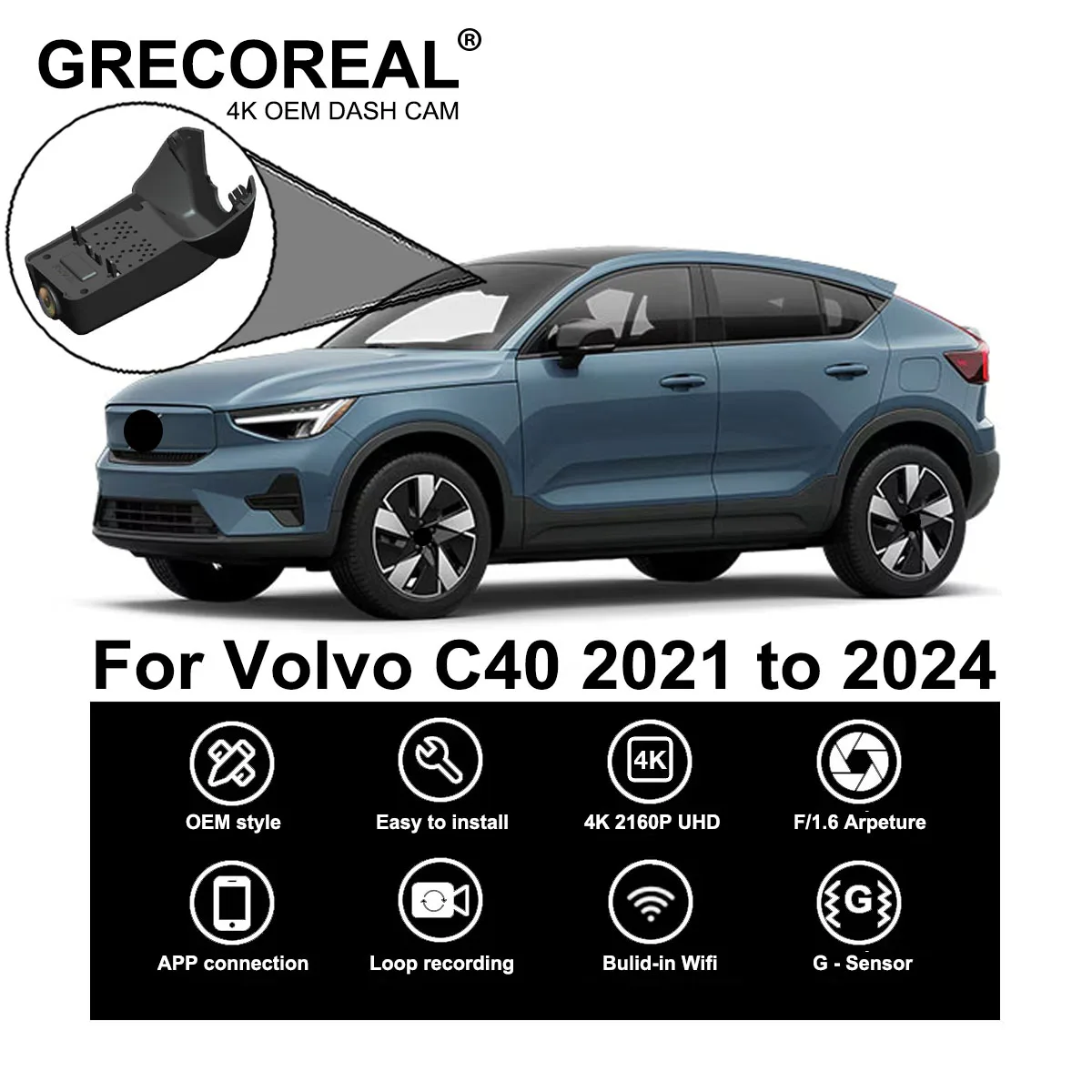 

GRECOREAL 4K Dash Cam Front and Rear 2160P WiFi Car Dual Dashcam APP Control Easy Install Plug Play Compatible with Volvo C40