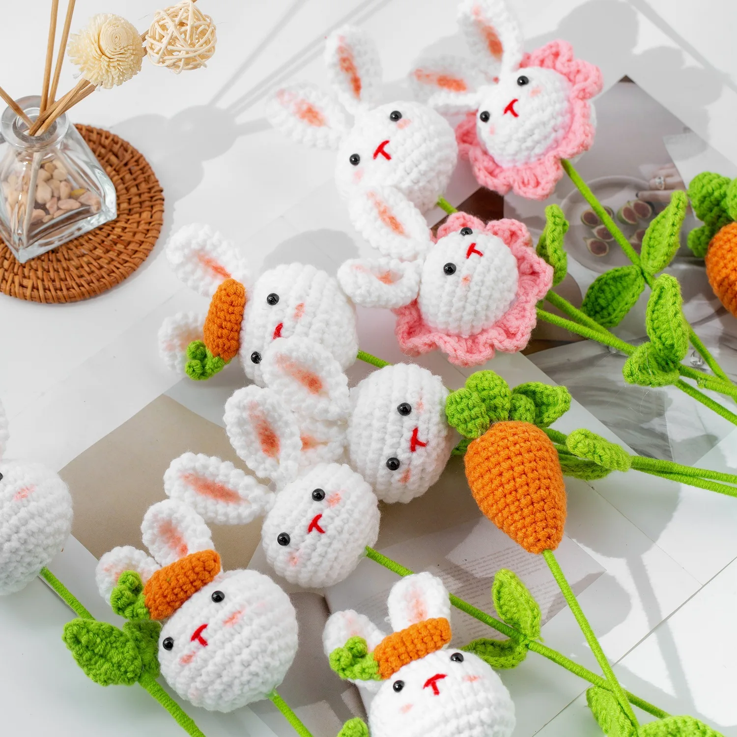 2025 Easter Yarn Knitted Bunny Bouquet Cute Rabbit Radish Handmade Flower Craft Home Spring Room Festive Decoration Gift