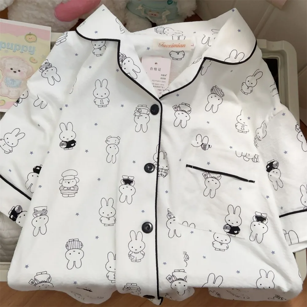 

New Cartoon Cute Miffy Rabbit Women Pajamas Two-piece Set Summer Short Sleeve Shorts Student Kawaii Soft Breathable Homewear Set