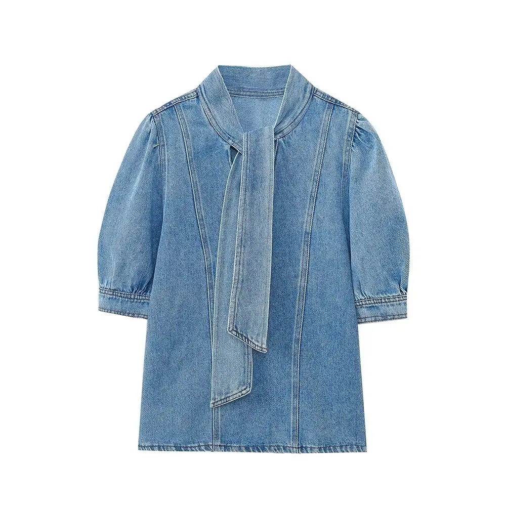 Withered Fashion Ladies Elegant Blue Bow Short Sleeve Casual Denim Tops Women Summer French Denim Shirt
