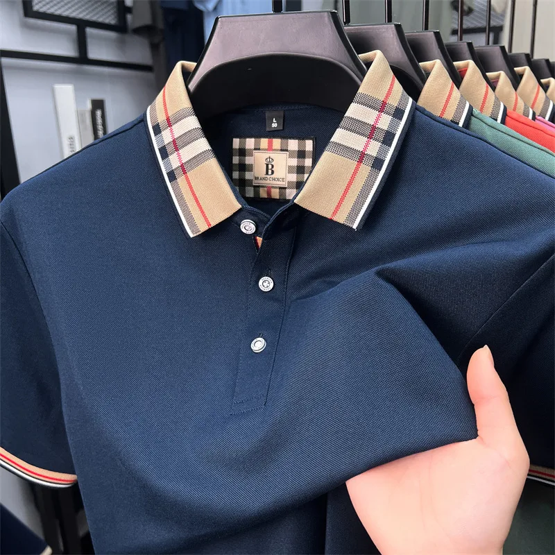 Luxury brand short sleeve polo shirt men's summer new silk cotton breathable fashion top casual business plaid lapel T-shirt image 3