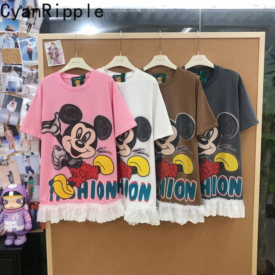 

Модная весенне-летняя милая свободная женская футболка с принтом Микки, элегантное кружевное платье-футболка средней длины с оборками, топы с короткими рукавами