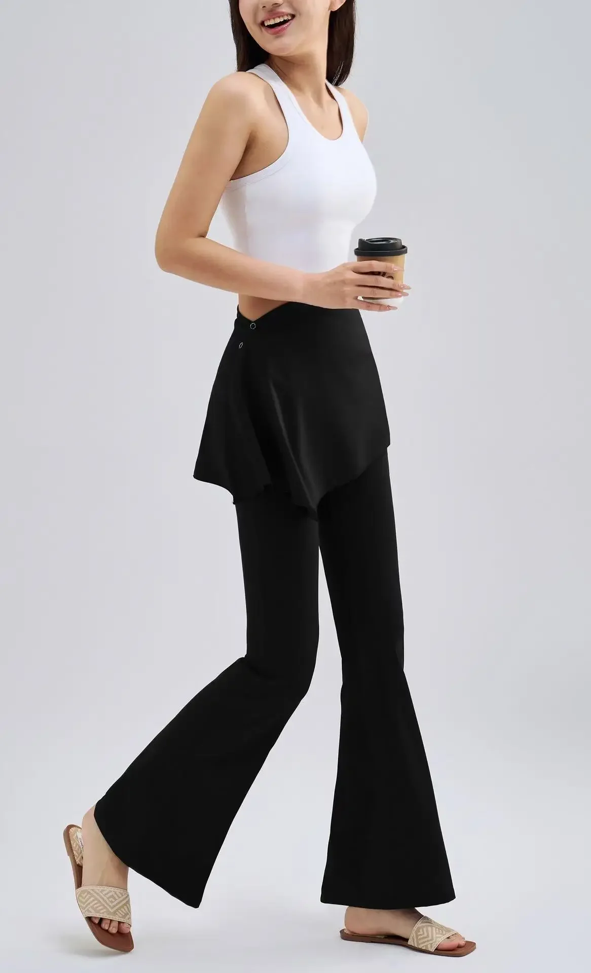 Damen High-Waist Slim Fit Pilates Fitness Leggings, Zweiteilige Optik Sport-Hose mit Micro-Flare-Rock für Hüftstraffung – Detail 10