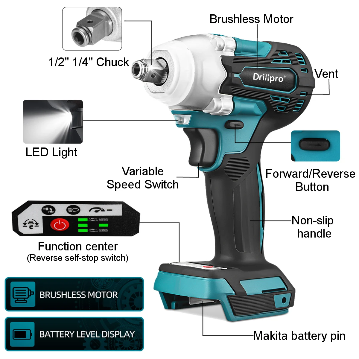 2 in 1 Brushless Electric Wrench Cordless Drill Screwdriver  800N.M Electric Drill Power Tool For Makita 18v Battery