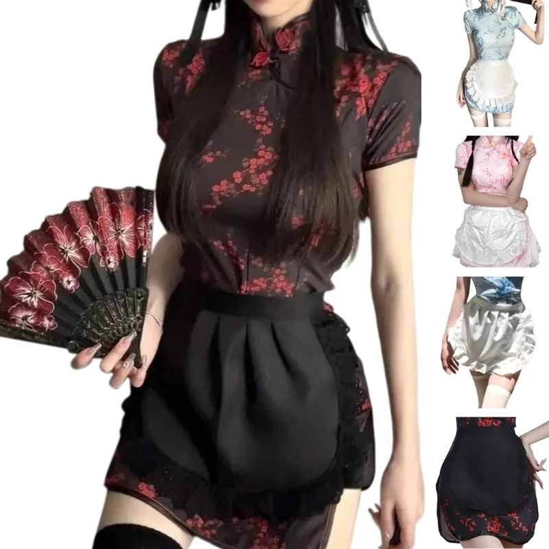 Japanese Cartoon Maid Apron Costume with Cheongsam Dress Halloween Maid Dress up Outfits For Girl Cosplay Theme Parties