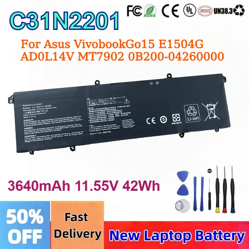 

3640mAh 11.55V 42Wh C31N2201 Replacement Laptop Battery For Asus VivobookGo15 E1504G AD0L14V MT7902 0B200-04260000 Battery