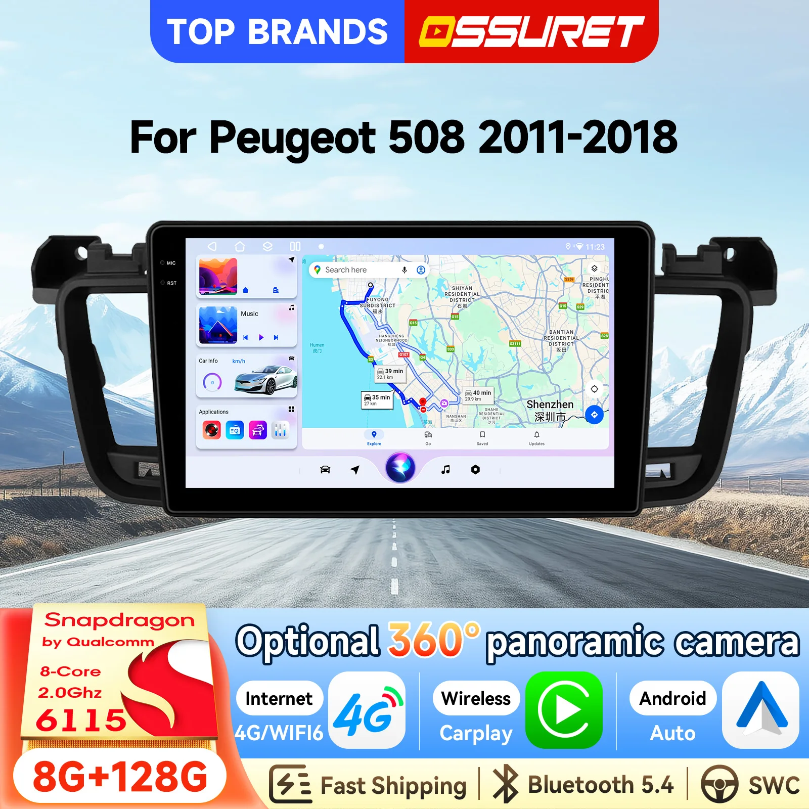 OSSURET Schnelle Lieferung 9 Zoll 2 Din Android 15 mit Qualcomm Snapdragon 6115 Octa Core Autoradio für Peugeot 508 2011-2018 Headunit Kabelloses Carplay Android Auto Videoplayer RDS DSP Audio Radio