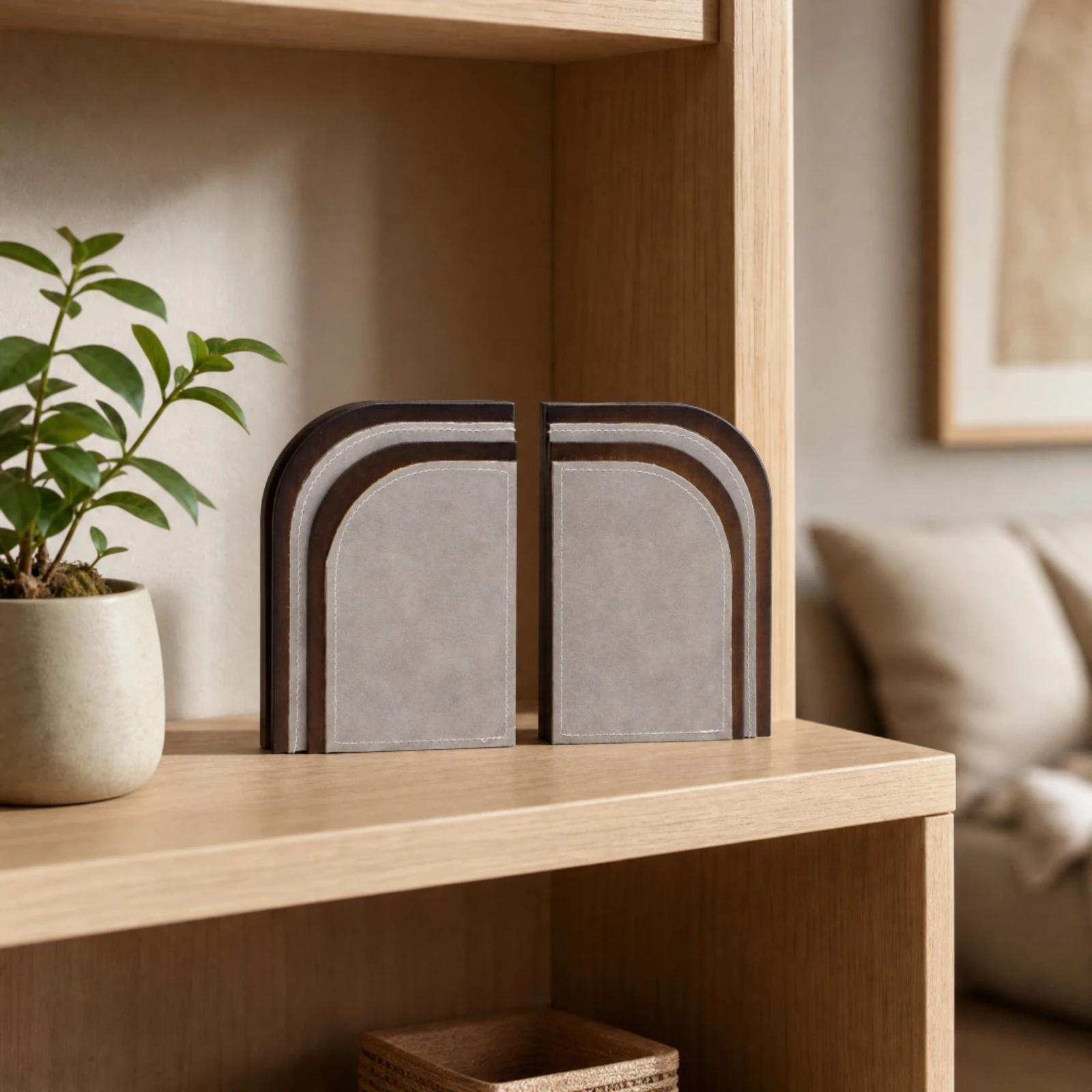 handmade-wooden-bookend-with-stitched-leather-face-layered-rounded-design-for-bookshelf-decor-contrasting-brown-gray-finish