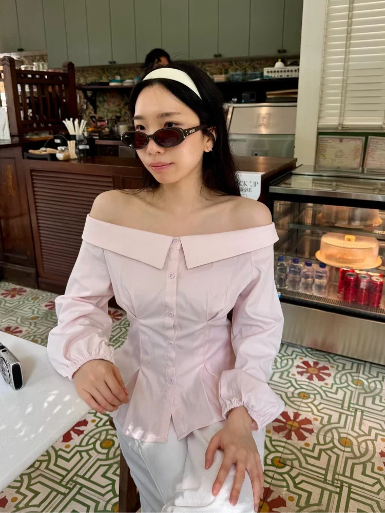 

Women's Solid Color Off Shoulder Blouse Versatile Chic Fashion Fitted Off The Shoulder Button Up Tops 2026 Women's Office Shirts