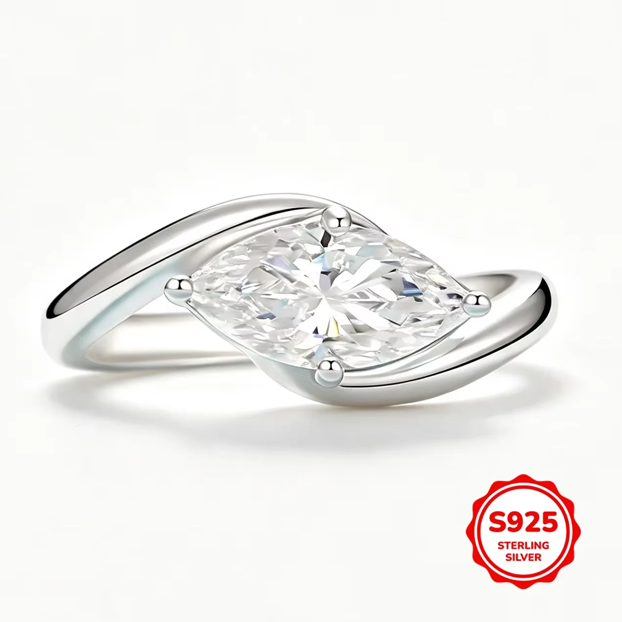 S925 Silver Classic Marquise Cut Moissanite Ring Bypass Twist Band Solitaire Rings Bridal Jewelry