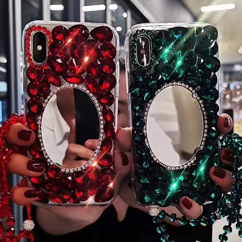 Luxury Crystal Gem Rhinestone Mirror Cases For iphone 15 Pro 14 11 12 13 XS MAX XR Soft Edge Phone Cover For iphone 16 PLUS Capa